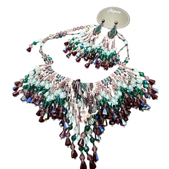 Chipita Jewelry - Chipita Waterfall Necklace Pierced Earrings Set Purple Green Crystals